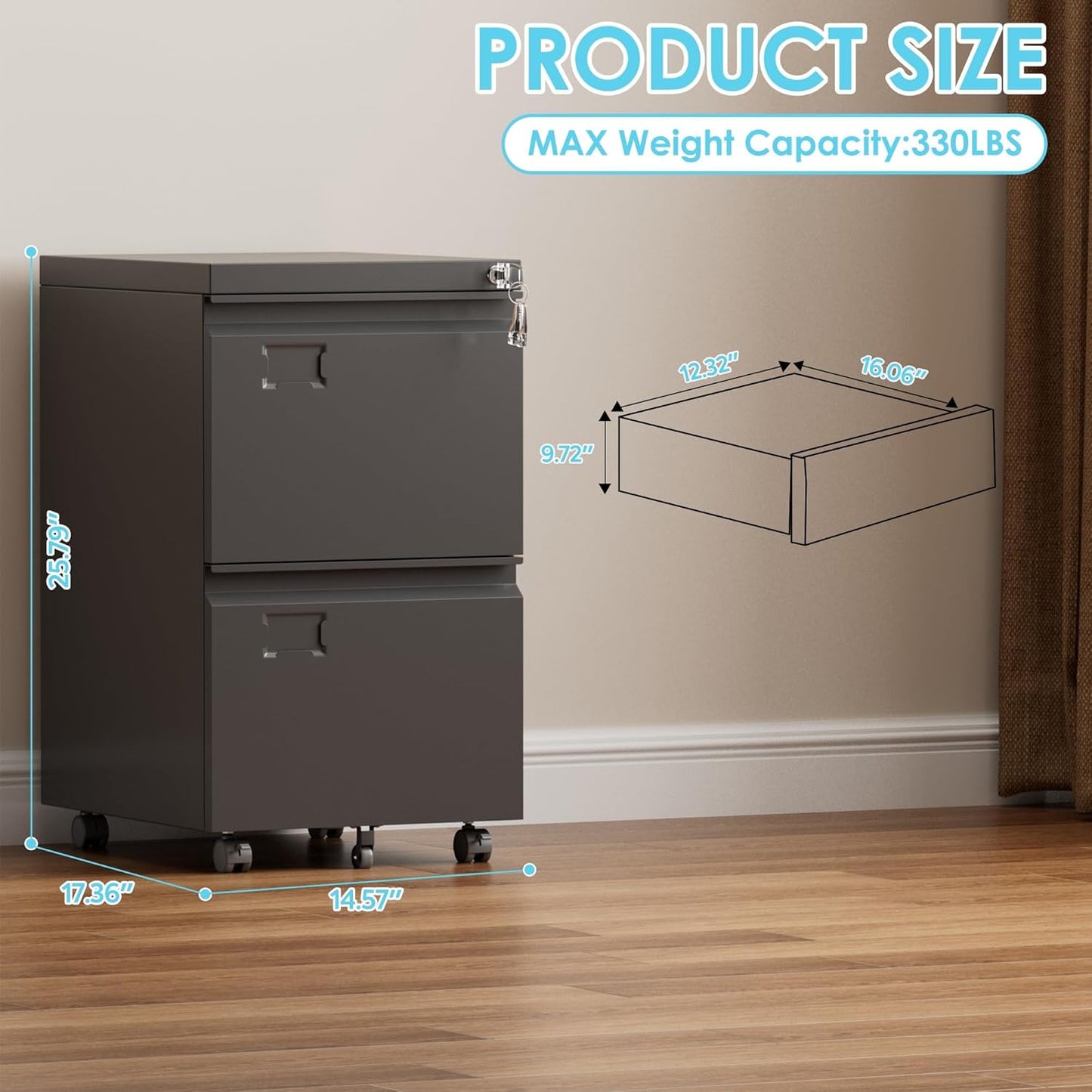 2 Drawer File Cabinet with Wheels, Lockable Metal Filing Cabinet with Business Card Slot for Legal/Letter Size Home Office, Required Assembled,Black