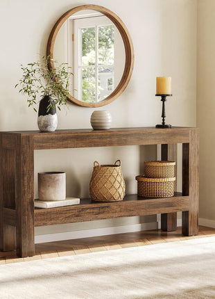 63-Inch Farmhouse-Style Wooden Console Table with Two-Tier Shelves for Living Room, Hallway, and Foyer in Brown Finish