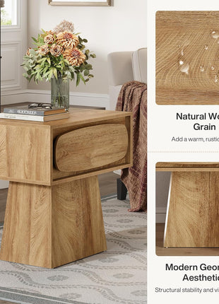 Contemporary Wooden End Table with Storage Drawer and Curved Handle for Living Room and Bedroom, Perfect for Compact Spaces (Natural Wood Finish)