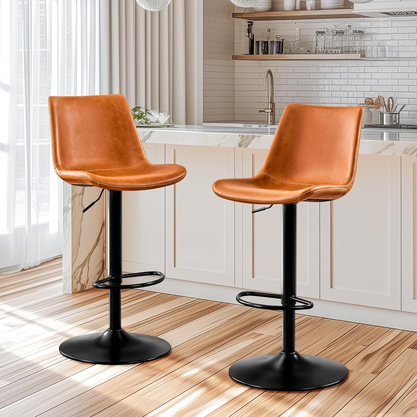 Vintage Bar Stool Height Adjustable Crazy Horse Leather Bar Chair X-Large Base and Seat Bar Stools, Ergonomic Bistro Stool with Footrest for Kitchen Dining Bistro Pubx Set of 2 Whisky Brown