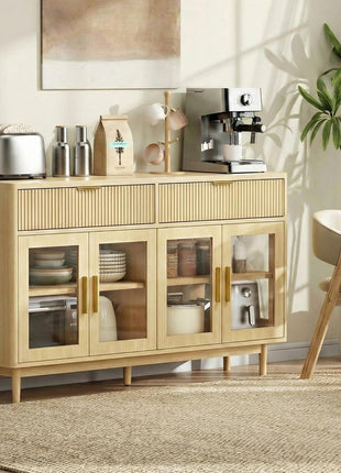 59-Inch Modern Sideboard Buffet Cabinet with Drawers, Adjustable Shelves, and Tempered Glass Doors - Oak Wood Coffee Bar for Kitchen and Living Room