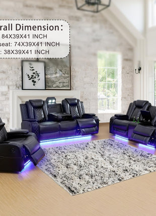 Elevate Your Living Room with a Contemporary Power Recliner Sofa Set - Featuring Breathable Leather, LED Lighting, USB Ports, Cup Holders, and Convenient Storage for an Exceptional Home Theater Experience.