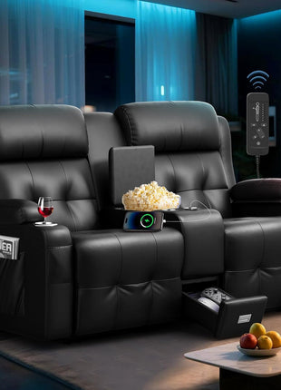 Luxury Loveseat Recliner Sofa for Home Theater, Featuring Massage Function, USB Port, Center Console, Wall Hugger Design, 145° Recline, Cup Holders, and Side Pockets - Ideal for RV and Movie Rooms