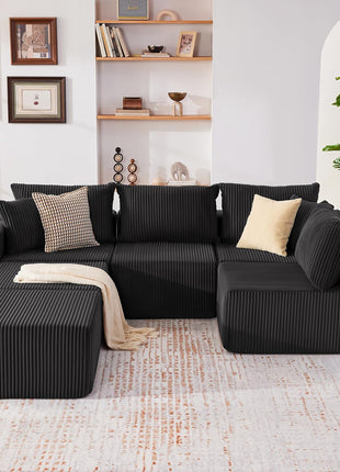 135.4" Modular Cloud Couch Sectional Sofa, Deep Seat U-Shaped Boneless Design, Plush Corduroy Convertible Couch for Living Room, Seats 6, Black
