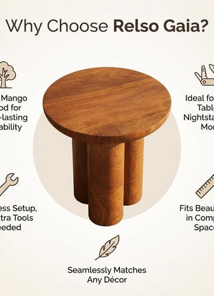 Gaia Round End Table - Solid Mango Wood for Rustic Elegance in Living Room and Farmhouse Décor - Versatile Side Table and Nightstand in Walnut Finish