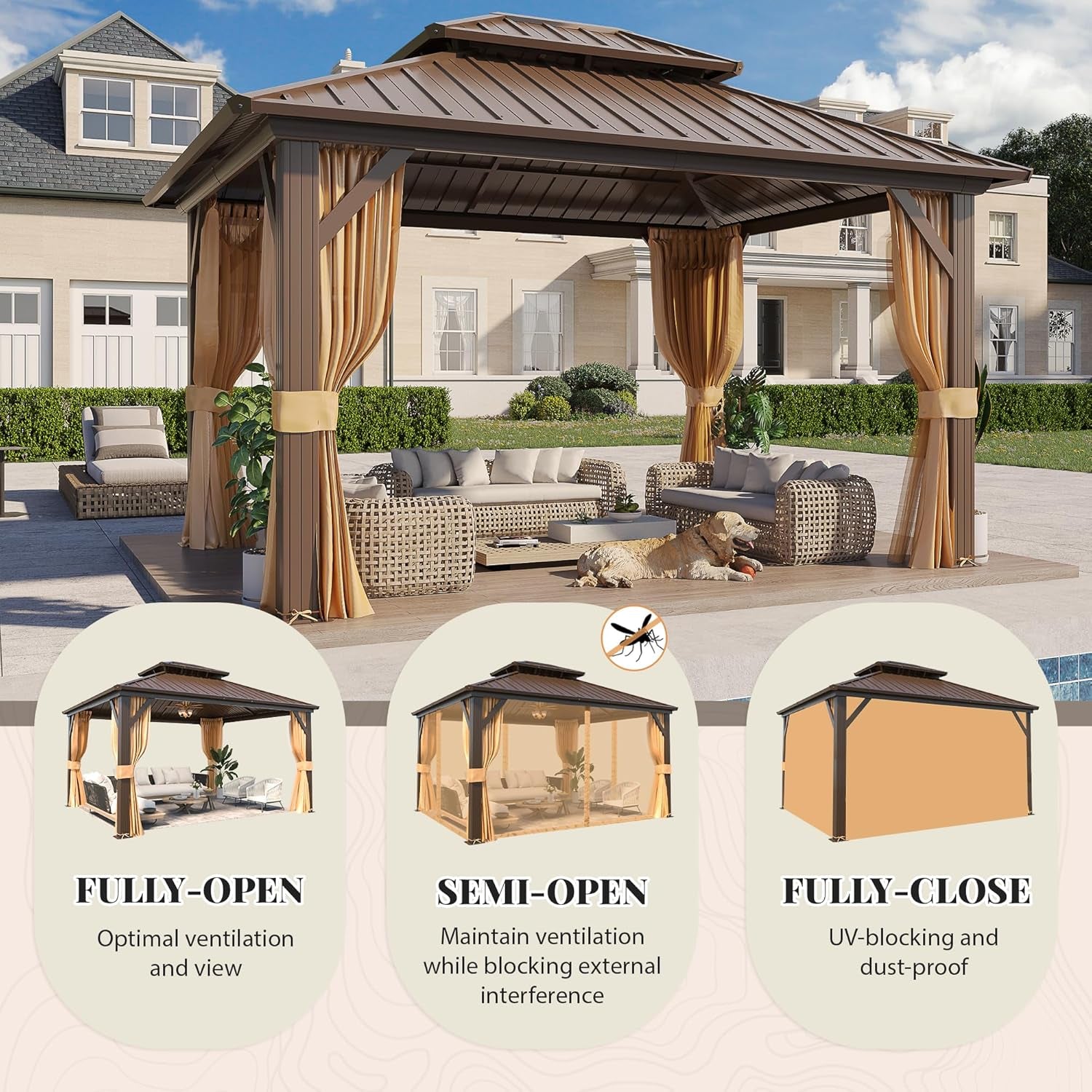 10' X 12' Hardtop Gazebo, Metal Gazebo with Aluminum Frame, Double Galvanized Steel Roof, Curtains and Netting Included, Pergolas for Patios, Garden, Parties, Lawns