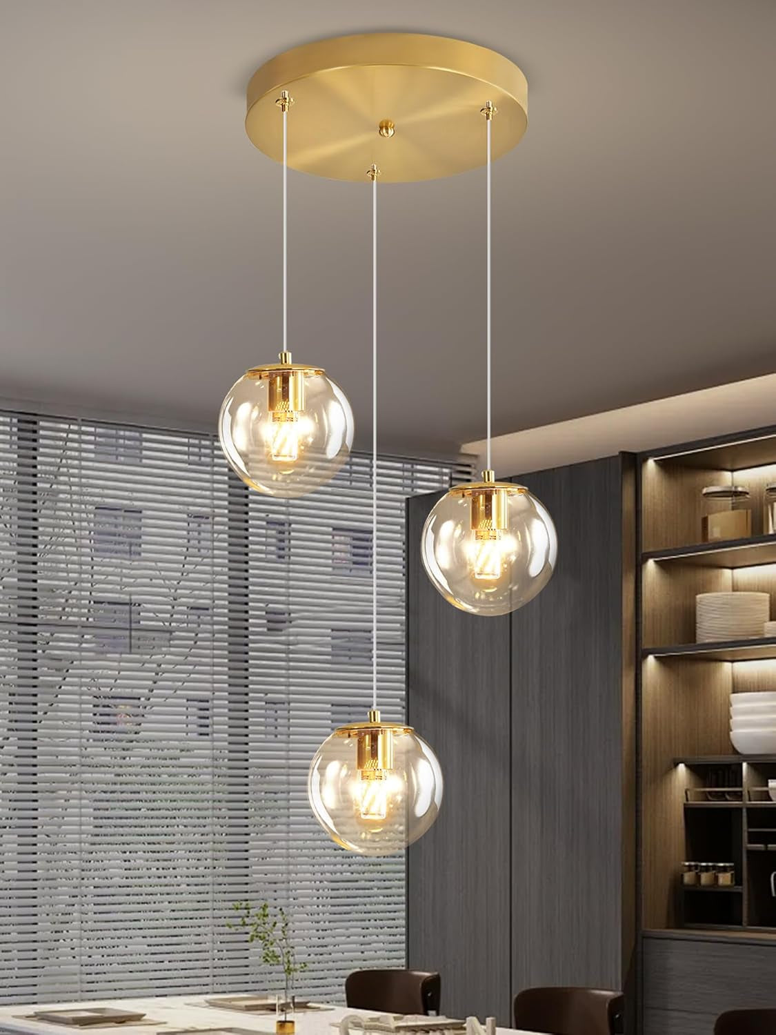 3-Light Modern Gold Pendant Light Hanging Fixture Light for Kitchen Island Mid Century Globe Pendant Light Glass Chandelier for Living Room Bedroom Entryway