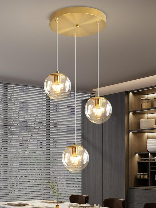 3-Light Modern Gold Pendant Light Hanging Fixture Light for Kitchen Island Mid Century Globe Pendant Light Glass Chandelier for Living Room Bedroom Entryway