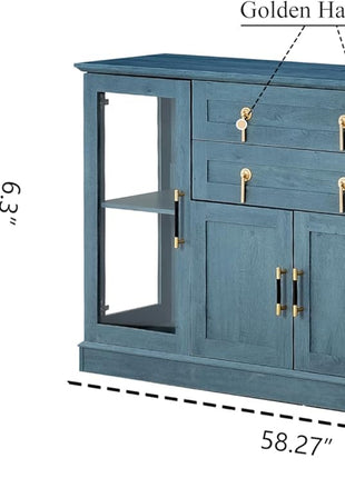 58.27" Contemporary Farmhouse Buffet Cabinet with Dual Drawers, LED Illumination, Adjustable Shelving, and Spacious Glass Door, Blue Finish with Gold Accents