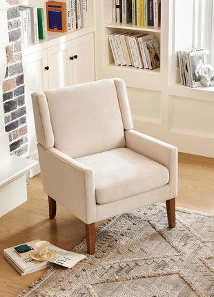 Contemporary Upholstered Wingback Accent Chair with Lounge Seat and Wooden Legs for Office, Bedroom, and Reading Spaces in Beige