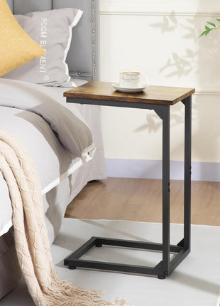 C-Shaped Rustic Brown Side Table Set of 2 for Living Room and Bedroom, Space-Saving Design for Sliding Under Couch, Model HET02CBR