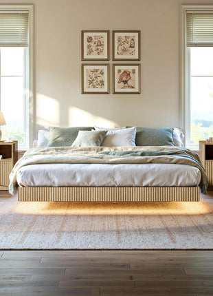 Mid-Century Modern 3-Piece Bedroom Furniture Set with Floating Bed Frame and LED Lights, Includes Bed and Two Nightstands (Queen Size)