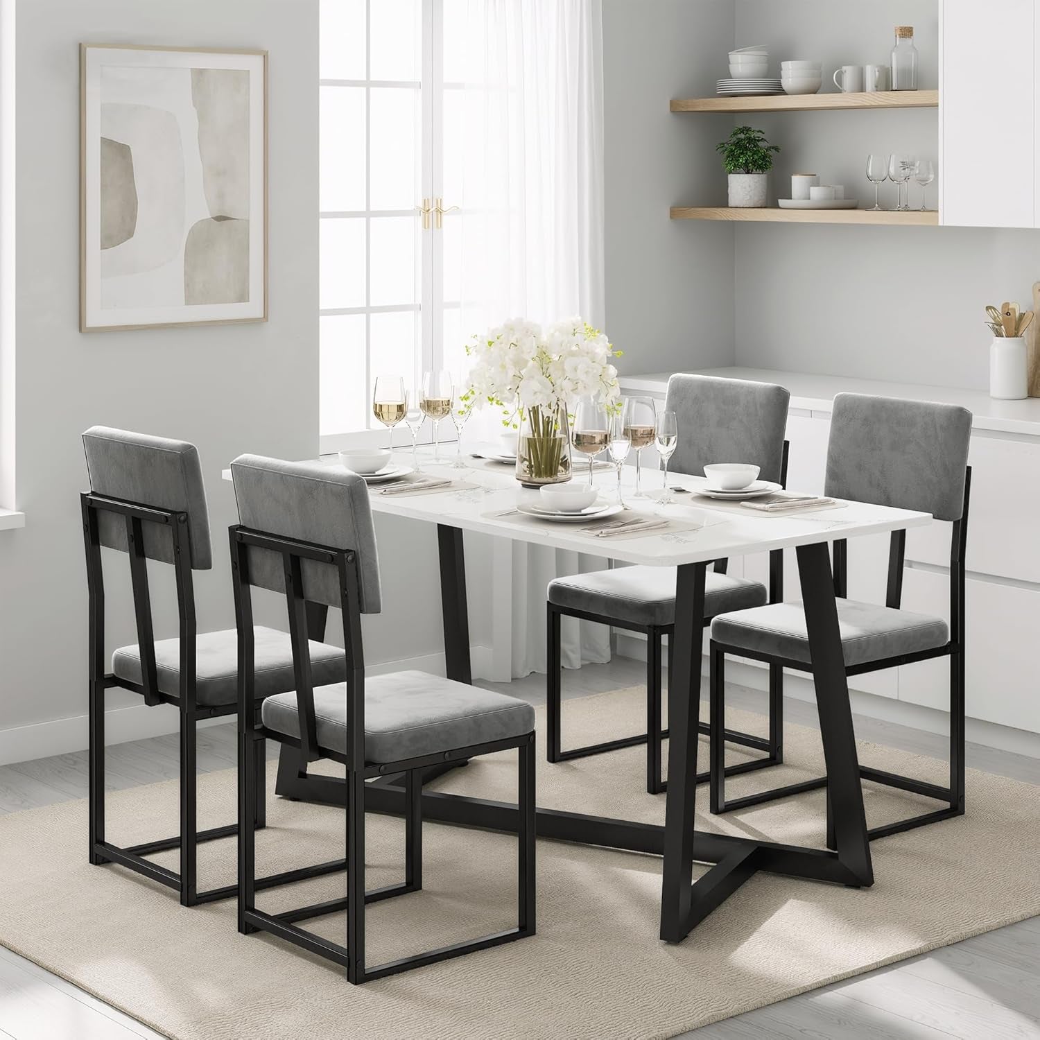 5 Piece Dining Set, 47.24'' Faux Marble Dining Table Set for 4, Modern Minimalist Kitchen & Dining Room Set with Upholstered Chairs for Small Spaces, Apartments (Charcoal Velvet)