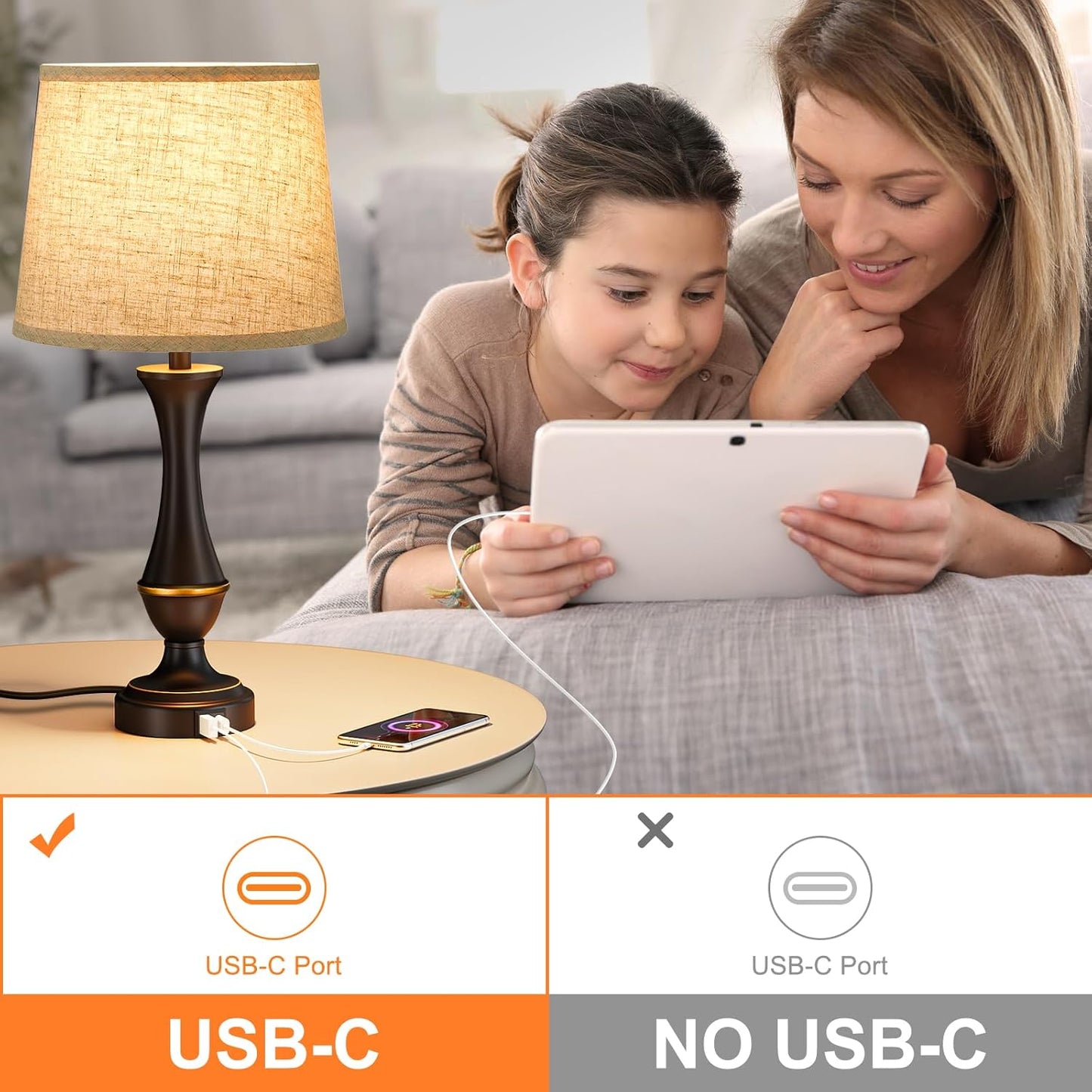 Upgraded Touch Lamps for Night Stands Set of 2 - Bedside Lamps with USB C+A, 3 Way Dimmable for Bedroom Living Room End Tables Office