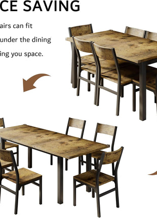7-Piece Extendable Dining Set for 4-6 with 63" Kitchen Table and 6 Chairs, MDF and Metal Frame, Perfect for Compact Spaces, Easy Assembly, Rustic Brown Finish