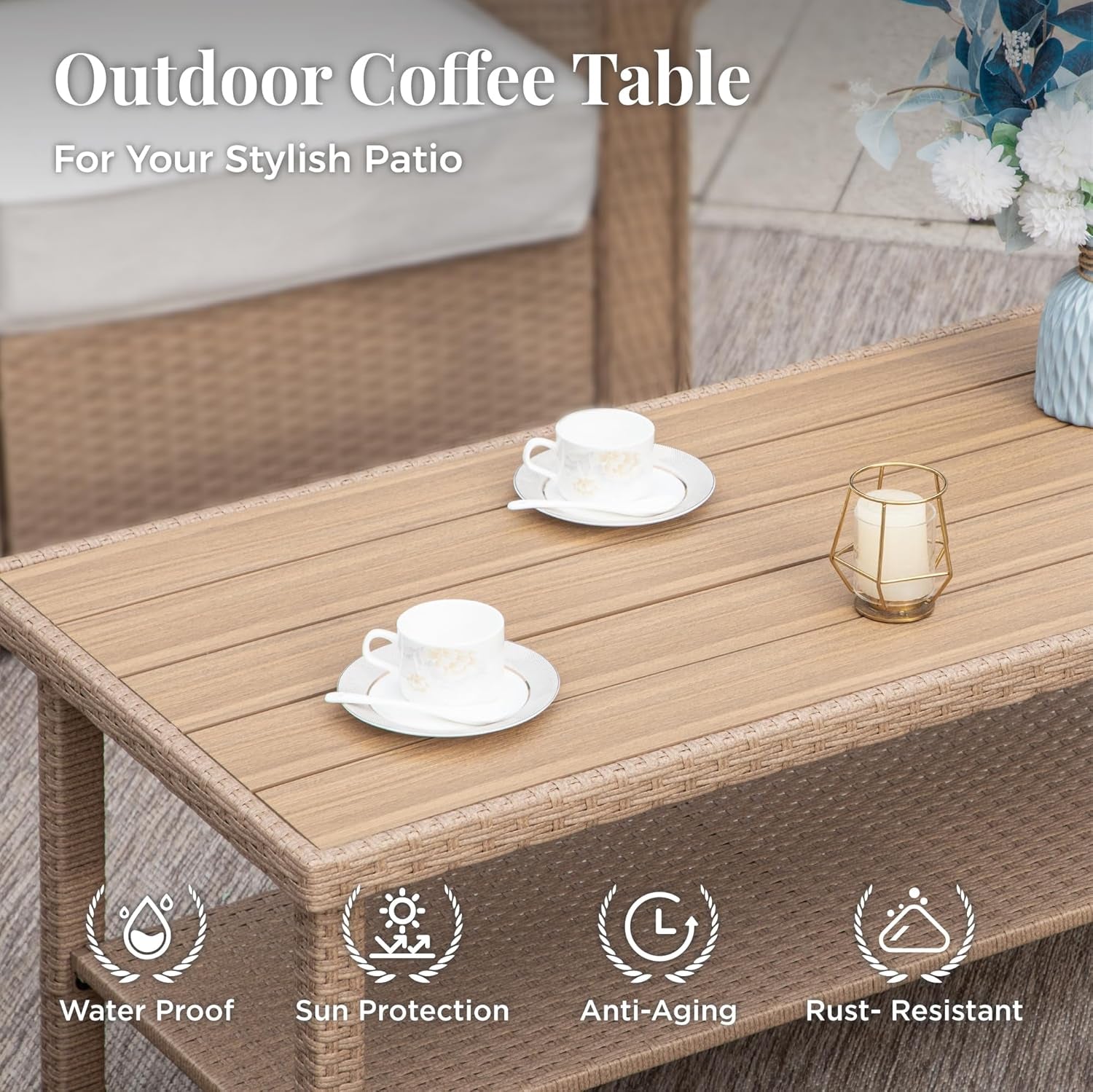 Patio Furniture Set 4 Pcs, Wicker Outdoor Patio Furniture, 3-Seat Sofa, 2 Single Chairs and Coffee Table, Rattan Patio Conversation Set for Backyard Deck, Beige