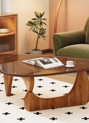 CAJCA Mid-Century Modern Coffee Table with Glass Top and Brown/Walnut Wood Base for Living Room