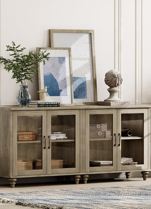 Farmhouse End Table Set of Two - Spacious Mid-Century Modern Wooden Bedside Tables with Glass Doors, Perfect for Living Room and Bedroom, Wash Grey Finish