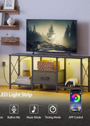 Industrial LED TV Stand with Fabric Drawer and Open Shelving for 50-55 Inch TVs, Black Entertainment Center for Living Room and Bedroom