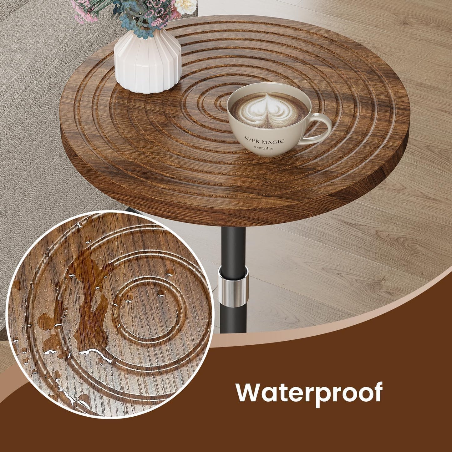 Round Side Table, Adjustable-Height Small Drink Table, Pedestal Martini Stand, Weighted Base Cocktail Table Accent Nightstand for Living Room, Bedroom, Bathroom, Office, Walnut