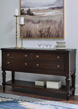 Lavinton Classic 4-Drawer Dining Server with Open Shelf in Dark Brown by Signature Design by Ashley