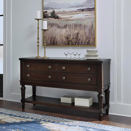 Lavinton Classic 4-Drawer Dining Server with Open Shelf, Dark Brown