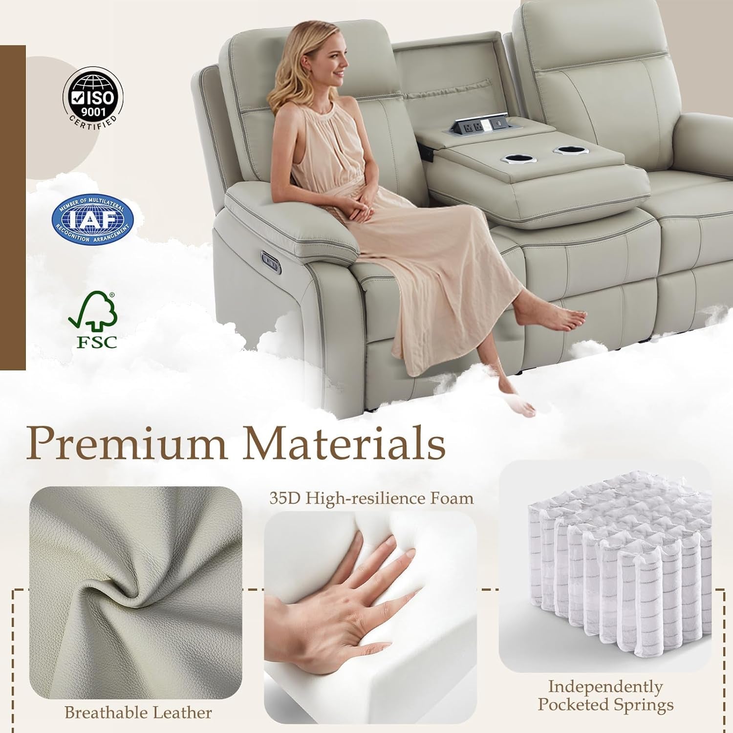 Power Reclining Sofa with Fold down Table, Breathable Leather Electric Reclining Couch, Power Loveseat Recliner Sofa with Cup Holders/Outlets/Usb-C/A Ports for Living Room(Grey, 3 Seat)