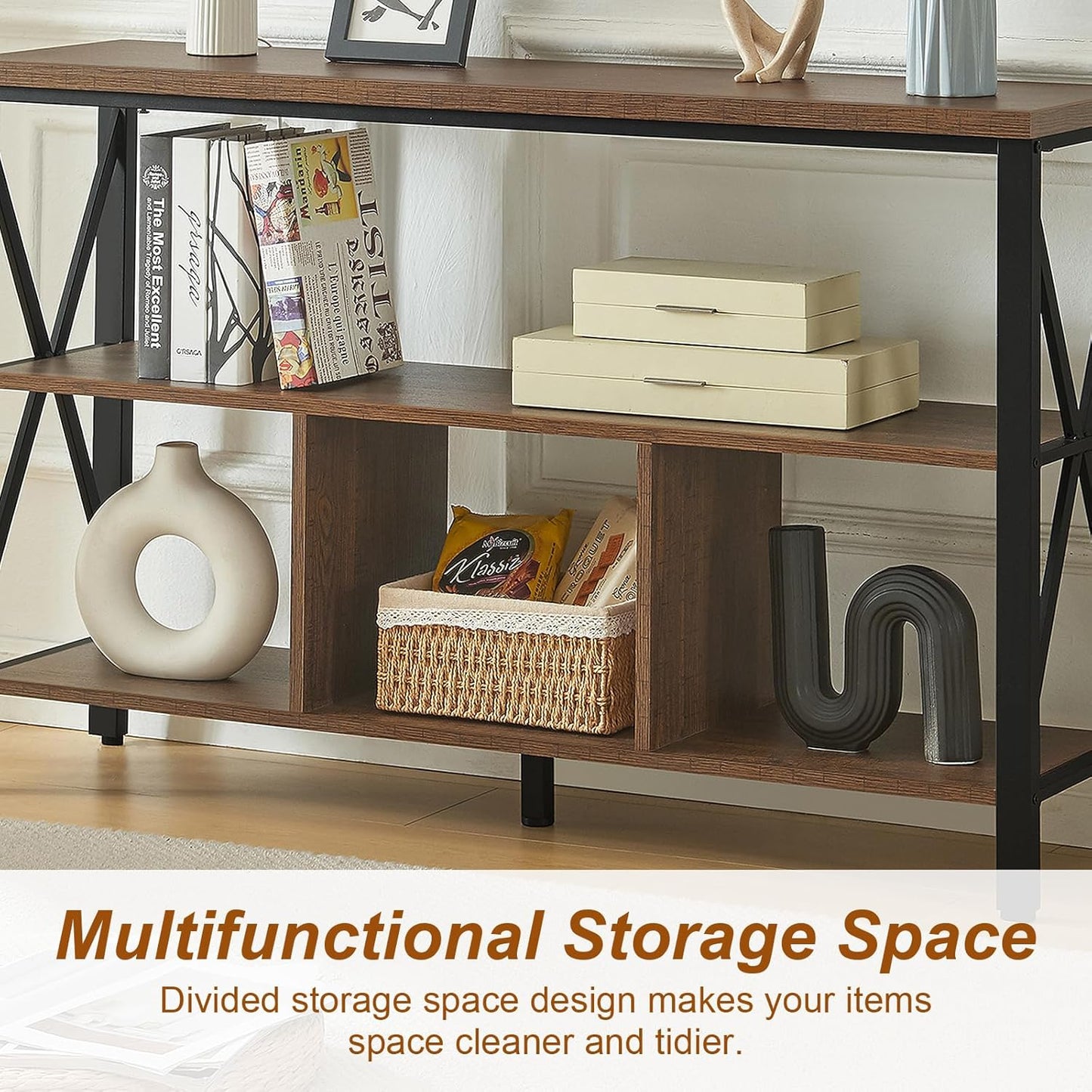 Console Table,Industrial Sofa Table with 3 Cubes,Entryway Table with Engineered Wood and Metal, Rustic 3 Tier Shelf for Hallway,Living Room,Brown,47 Inch