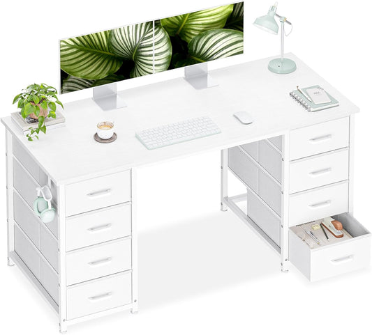 48 Inches Computer Desk with 8 Fabric Drawers, Modern Office Desk with Large Storage for Home Office, Study, White