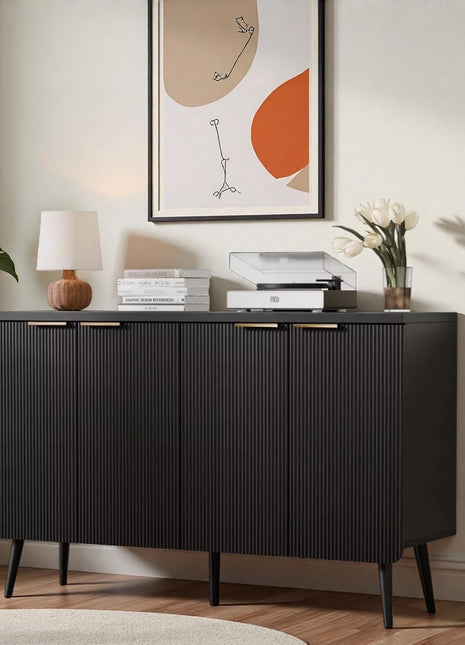 47.2" Contemporary Fluted Sideboard Cabinet with Four Doors, Wooden Storage Credenza with Shelves, Versatile Buffet Cabinet for Entryway, Dining, and Living Room, Black