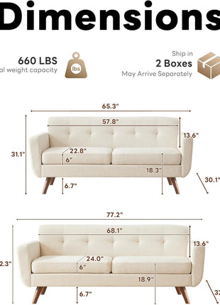 Mid-Century Modern Beige Sofa Couch - Loveseat & Standard Sofa with Linen Fabric, Button Tufting, Solid Wood Legs, Pocket Spring Support, and Wooden Slat Frame