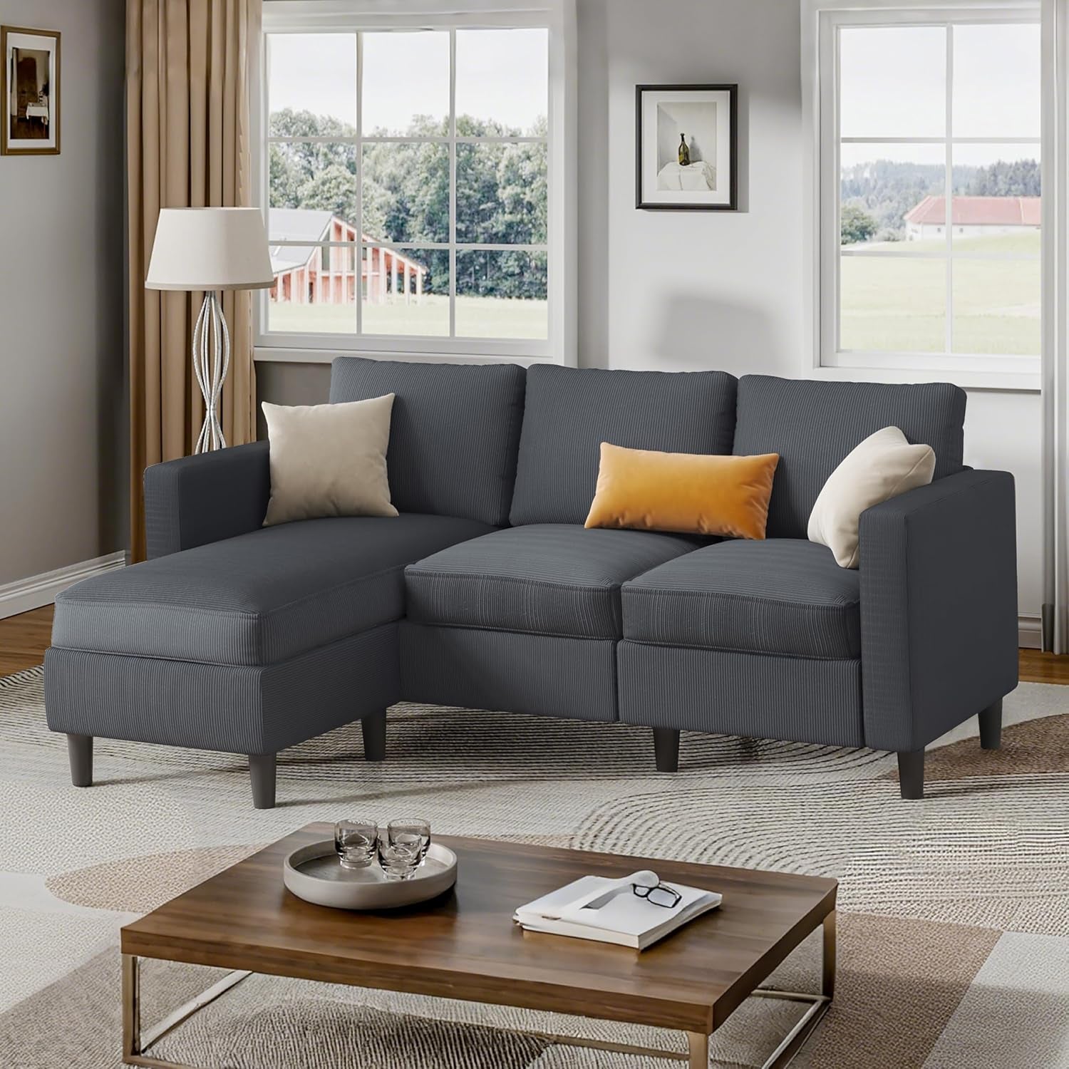 Small Sectional Sofa Couches,L Shape Convertible Sofa with Ottoman,3 Seat Comfy Corduroy Upholstered Sofa Couch,Small Couch for Apartment,Living Room and Office(Dark Grey)