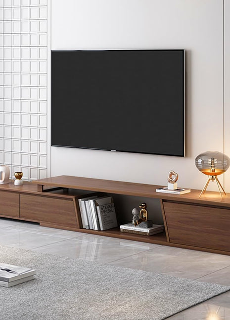 Extendable Walnut TV Stand for Living Room - Minimalist Media Console with Three Drawers and Adjustable Design for TVs up to 110 Inches