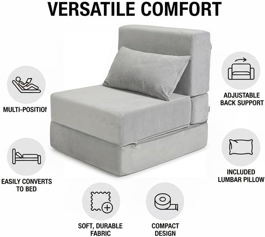 Folding Sofa Bed, Convertible Sleeper Chair with Pillow, Foldable Mattress & Back Support, Portable Floor Lounger Futon for Apartment, Dorm, Living Room, Bedroom, Grey