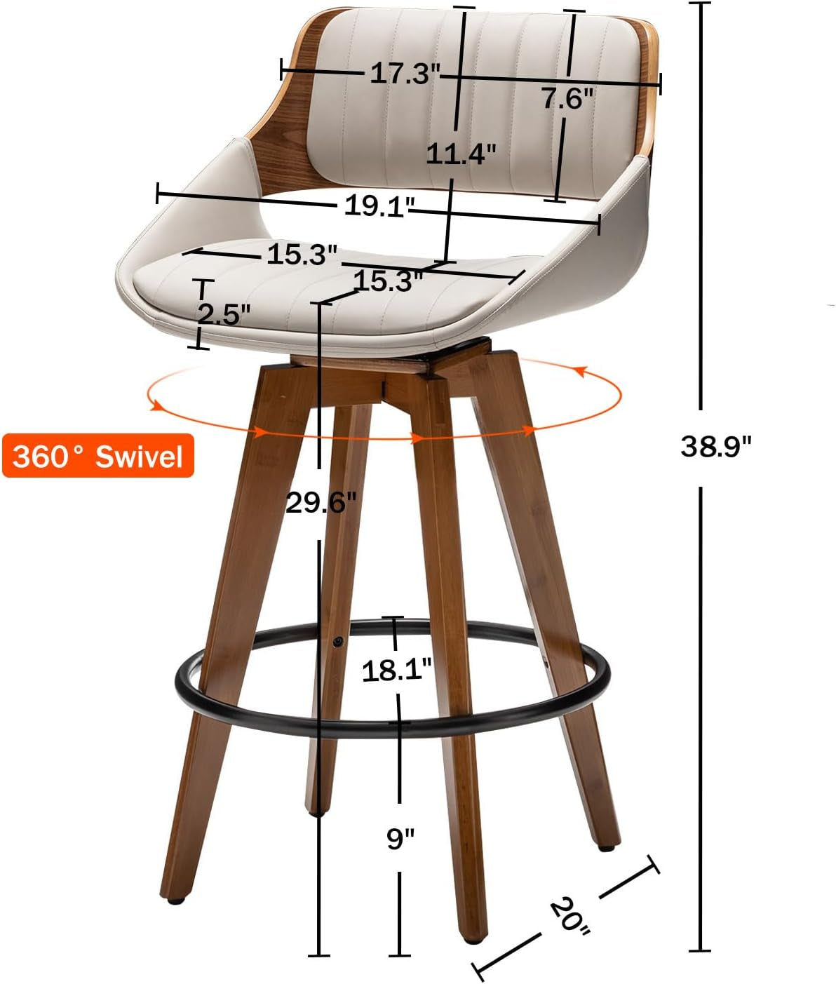 Swivel Bar Stools Set of 2 Mid Century Modern Faux Leather Upholstered Bar Height Barstools,Kitchen Island Wooden Bar Chairs,29.5-Inch Armless Counter Stools with Wood Back and Legs,Gray