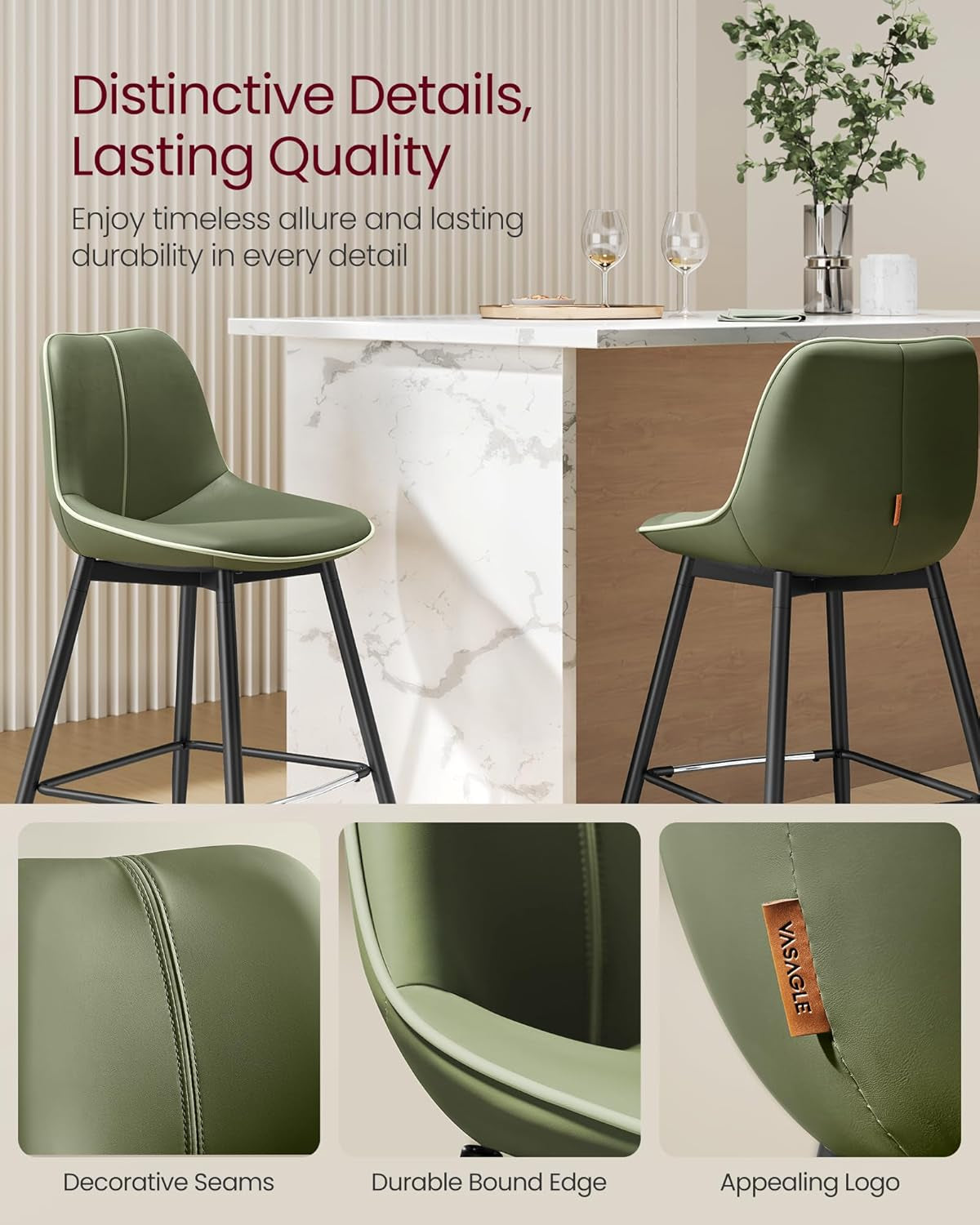 Bar Stools Set of 2, Counter Height Bar Stools with Back, Ergonomic Backrest, Synthetic Leather, Metal Legs, 24.8-Inch Tall Barstools for Kitchen Island Home Bar, Easy Assembly, Forest Green