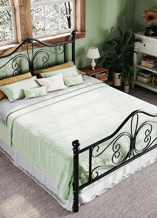 Full Size Metal Bed Frame with Butterfly Pattern Headboard and Footboard, No Box Spring Required, Easy Assembly, Black