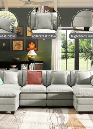 107" U-Shaped Modular Cloud Couch Sectional Sofa, 4-Seat Deep Seating with 6 Removable Washable Pillows and 2 Ottomans, Ideal for Living Room, Bedroom, or Apartment in Light Grey