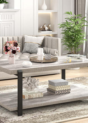 Modern Rustic Coffee Table with Storage Shelf - Industrial 2-Tier Rectangle Design in Light Grey for Living Room