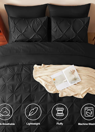 7-Piece Queen Comforter Set in Black - Premium Pintuck Bedding Set with Comforter, Sheets, Pillowcases, and Shams