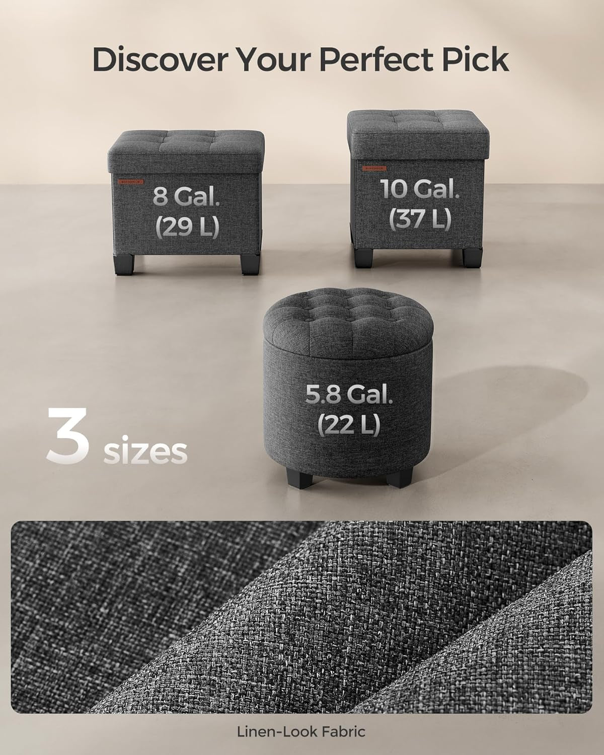 round Ottoman, Ottoman with Storage, 17.7 Dia. X 17.5 H Inches Foot Rest with Legs, Load up to 330 Lb, for Living Room, Bedroom, Dark Gray ULOM011G01