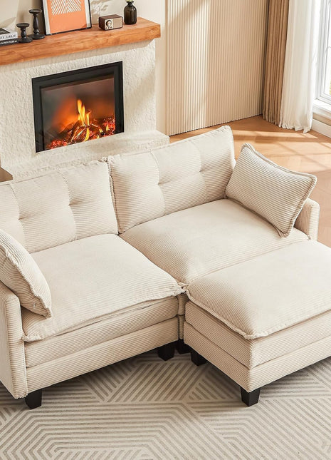 Modular L-Shaped Corduroy Sectional Sofa, 76.5" 2-Seater with Movable Ottoman, Modern Deep Seat Couch for Living Room (Beige)