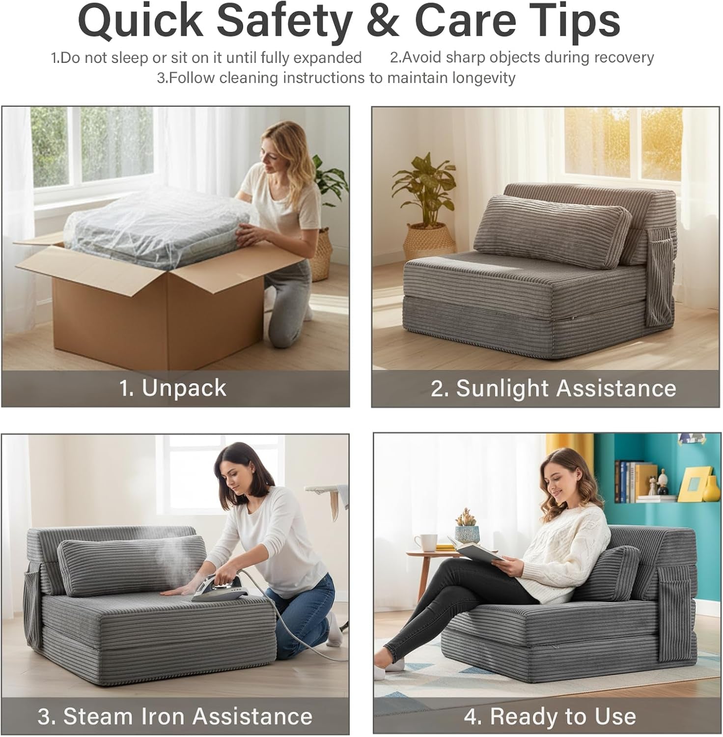 Folding Sofa Bed with Pillow, Memory Foam Fold Out Chair Bed, Single Size Convertible Chair Floor Couch & Sleeping Mattress, Foldable Sleeper Sofa Bed for Guest Room, Living Room, Beige