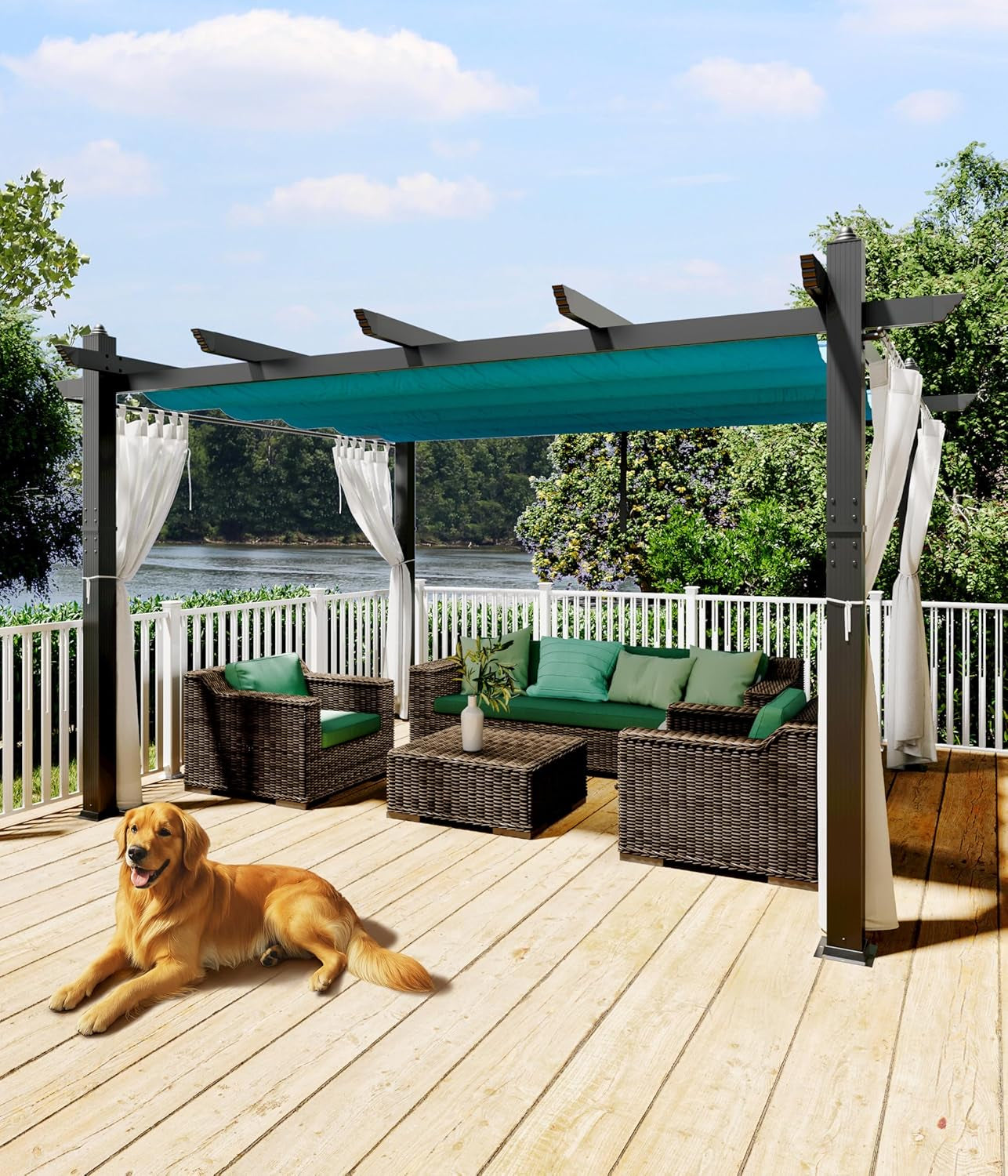 10 X 13 Ft Aluminum Pergola, Outdoor Metal Gazebo with Adjustable Canopy, Reinforced Frame Outdoor Shelter for Backyard Patio Garden Deck - Blue with Curtains Mosquito Netting