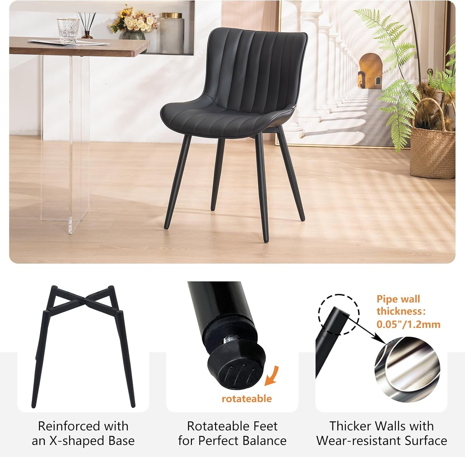 Black Dining Chairs Set of 2, Faux Leather Upholstered Kitchen & Dining Room Chairs with Back, Mid Century Modern Minimalist Accent Chair Armless for Guest Reception Waiting Living Room