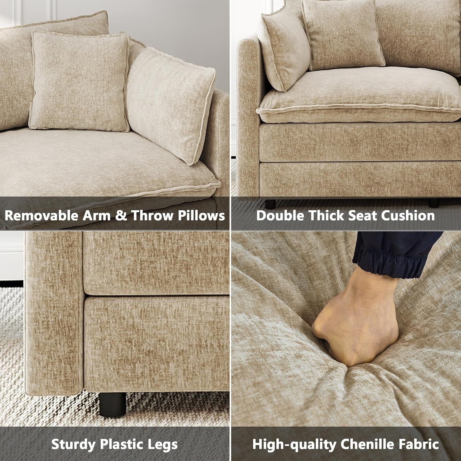 Modular Sectional Sofa Modern Convertible Loveseat Couch,77.16 Inch Deep 2-Seater Sofas Comfy Chenille Cloud Sofas and Couches Set with Movable Ottoman for Living Room Apartment（Camel）