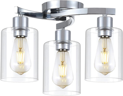 3-Light Semi Flush Mount Ceiling Light, Modern Close to Ceiling Light Fixtures with Clear Glass Shades, Chrome Light Fixture for Kitchen, Dining Room, Hallway, Entryway, Foyer