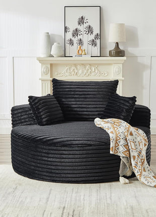 Oversized Round Chaise Lounge Chair - Modern 55-Inch Upholstered Corduroy Deep Seat Circular Sofa for Living Room and Bedroom in Black