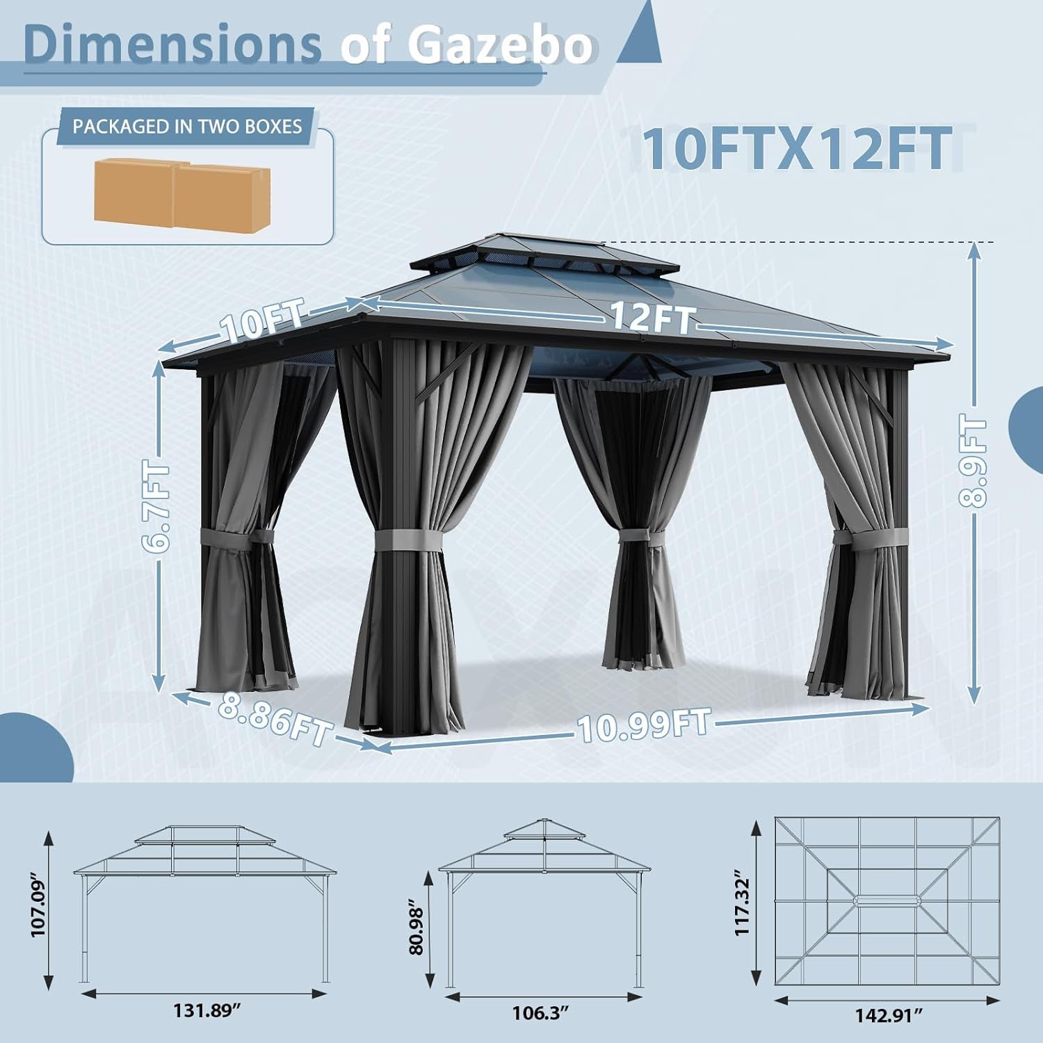 10'X12' Hardtop Gazebo, Aluminum Framed Outdoor Gazebo with Double Polycarbonate Roof, Durable Pavilion with Curtains & Netting for Patio, Garden, and Lawn