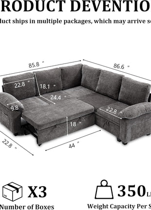 86 Inch Sectional Sleeper L Shaped Sofa with Pull Out Bed, 5 Seater Modular Sectional Sofa with Storage, Modern Chenille Cloud Couch, Sectional Couches for Living Room, Gray